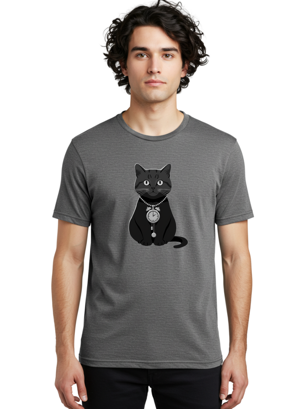 Black-Cat-With-Pocket-Watch Men'S Graphic Tee, 100% Cotton, Comfortable Casual Summer Wear, Machine Washable, Vintage Camera, Old Camera, Antique Camera, Black Camera, Classic Photography, Photography Equipment, Nostalgic Device, Film Camera, Bal812