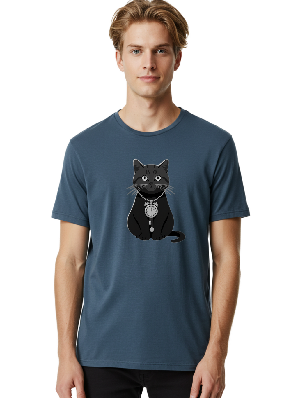 Black-Cat-With-Pocket-Watch Men'S Graphic Tee, 100% Cotton, Comfortable Casual Summer Wear, Machine Washable, Vintage Camera, Old Camera, Antique Camera, Black Camera, Classic Photography, Photography Equipment, Nostalgic Device, Film Camera, Bal812