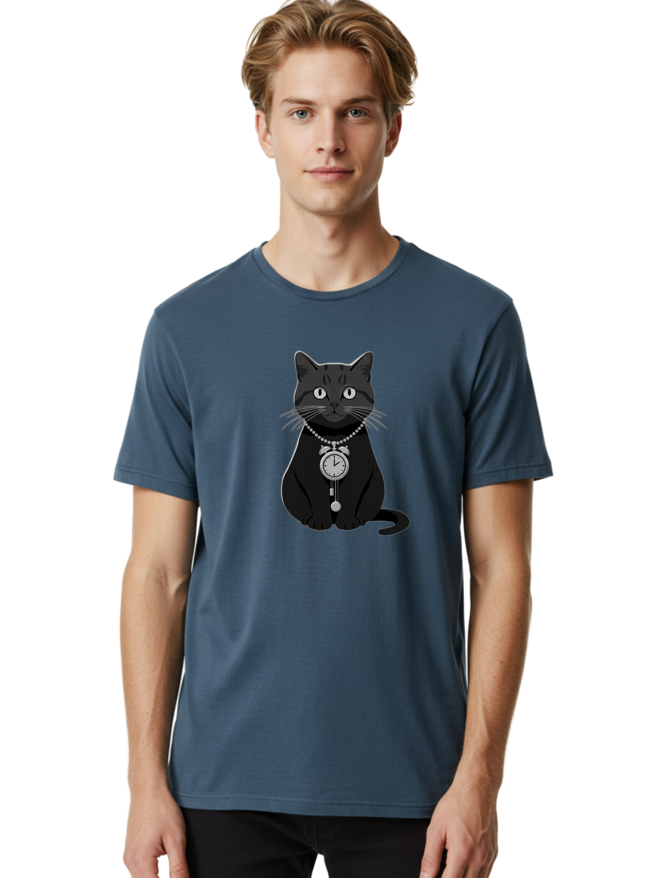 Black-Cat-With-Pocket-Watch Men'S Graphic Tee, 100% Cotton, Comfortable Casual Summer Wear, Machine Washable, Vintage Camera, Old Camera, Antique Camera, Black Camera, Classic Photography, Photography Equipment, Nostalgic Device, Film Camera, Bal812
