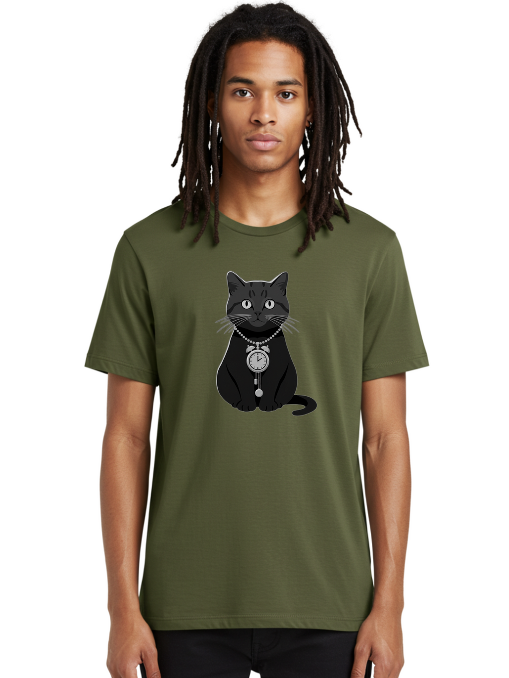 Black-Cat-With-Pocket-Watch Men'S Graphic Tee, 100% Cotton, Comfortable Casual Summer Wear, Machine Washable, Vintage Camera, Old Camera, Antique Camera, Black Camera, Classic Photography, Photography Equipment, Nostalgic Device, Film Camera, Bal812