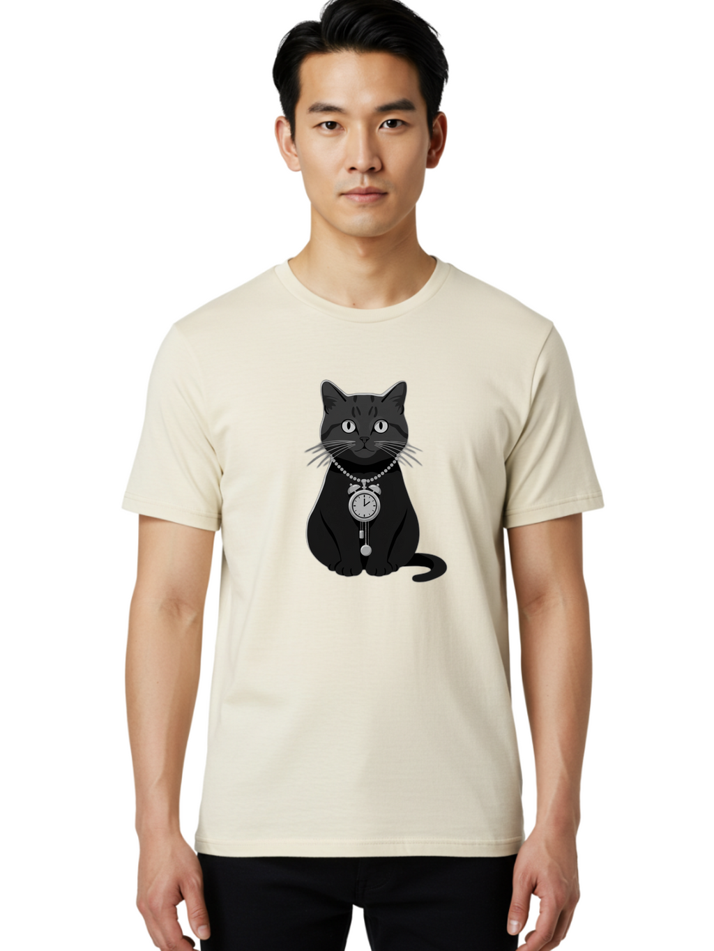 Black-Cat-With-Pocket-Watch Men'S Graphic Tee, 100% Cotton, Comfortable Casual Summer Wear, Machine Washable, Vintage Camera, Old Camera, Antique Camera, Black Camera, Classic Photography, Photography Equipment, Nostalgic Device, Film Camera, Bal812