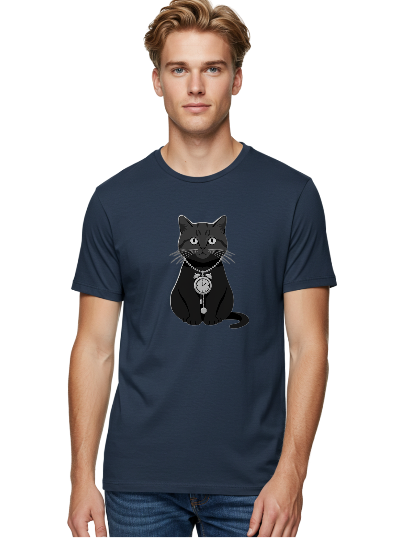Black-Cat-With-Pocket-Watch Men'S Graphic Tee, 100% Cotton, Comfortable Casual Summer Wear, Machine Washable, Vintage Camera, Old Camera, Antique Camera, Black Camera, Classic Photography, Photography Equipment, Nostalgic Device, Film Camera, Bal812