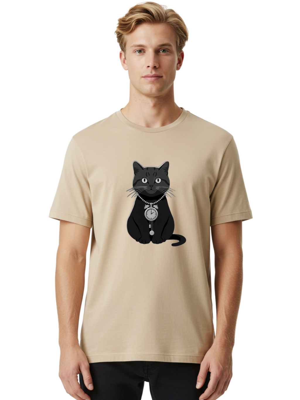 Black-Cat-With-Pocket-Watch Men'S Graphic Tee, 100% Cotton, Comfortable Casual Summer Wear, Machine Washable, Vintage Camera, Old Camera, Antique Camera, Black Camera, Classic Photography, Photography Equipment, Nostalgic Device, Film Camera, Bal812