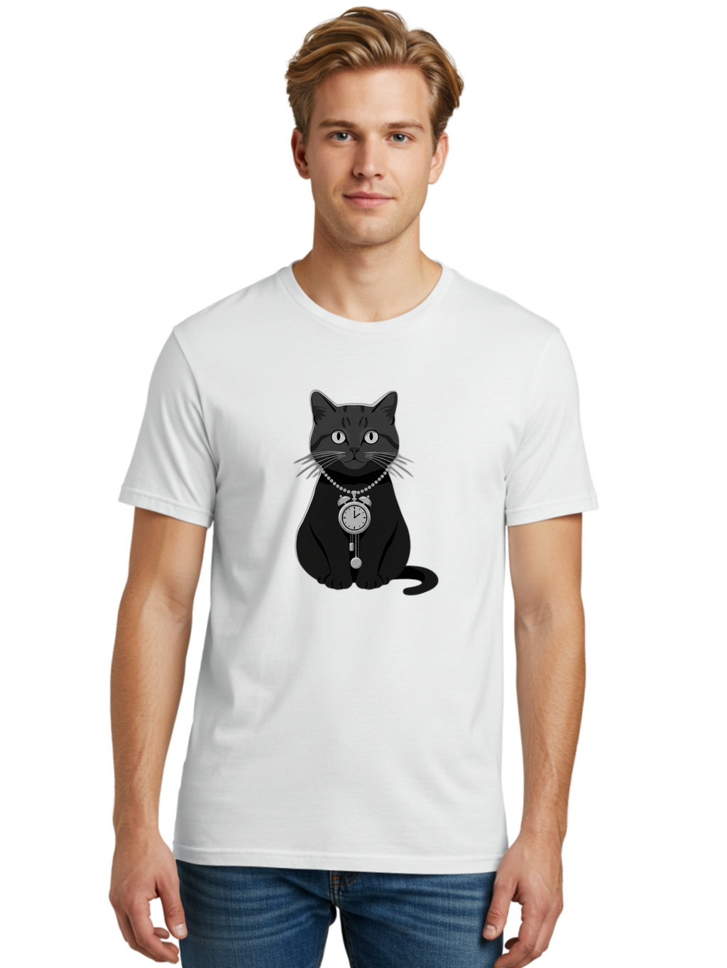 Black-Cat-With-Pocket-Watch Men'S Graphic Tee, 100% Cotton, Comfortable Casual Summer Wear, Machine Washable, Vintage Camera, Old Camera, Antique Camera, Black Camera, Classic Photography, Photography Equipment, Nostalgic Device, Film Camera, Bal812