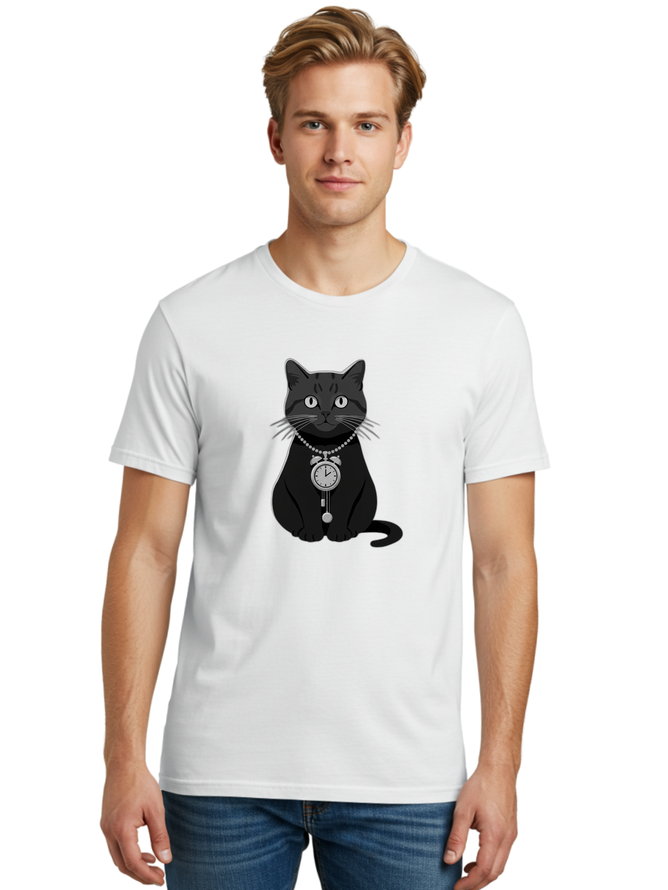 Black-Cat-With-Pocket-Watch Men'S Graphic Tee, 100% Cotton, Comfortable Casual Summer Wear, Machine Washable, Vintage Camera, Old Camera, Antique Camera, Black Camera, Classic Photography, Photography Equipment, Nostalgic Device, Film Camera, Bal812