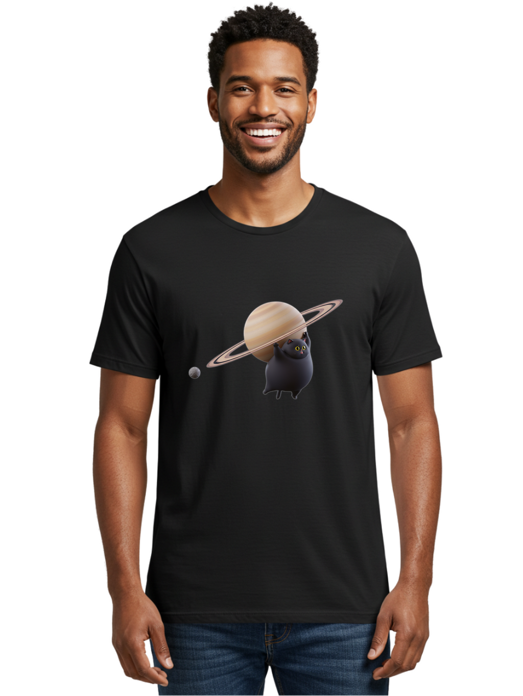 Black-Cat-With-Saturn Men'S Graphic Tee, 100% Cotton, Comfortable Casual Summer Wear, Machine Washable, Vintage Camera, Old Camera, Antique Camera, Black Camera, Classic Photography, Photography Equipment, Nostalgic Device, Film Camera, Bal813