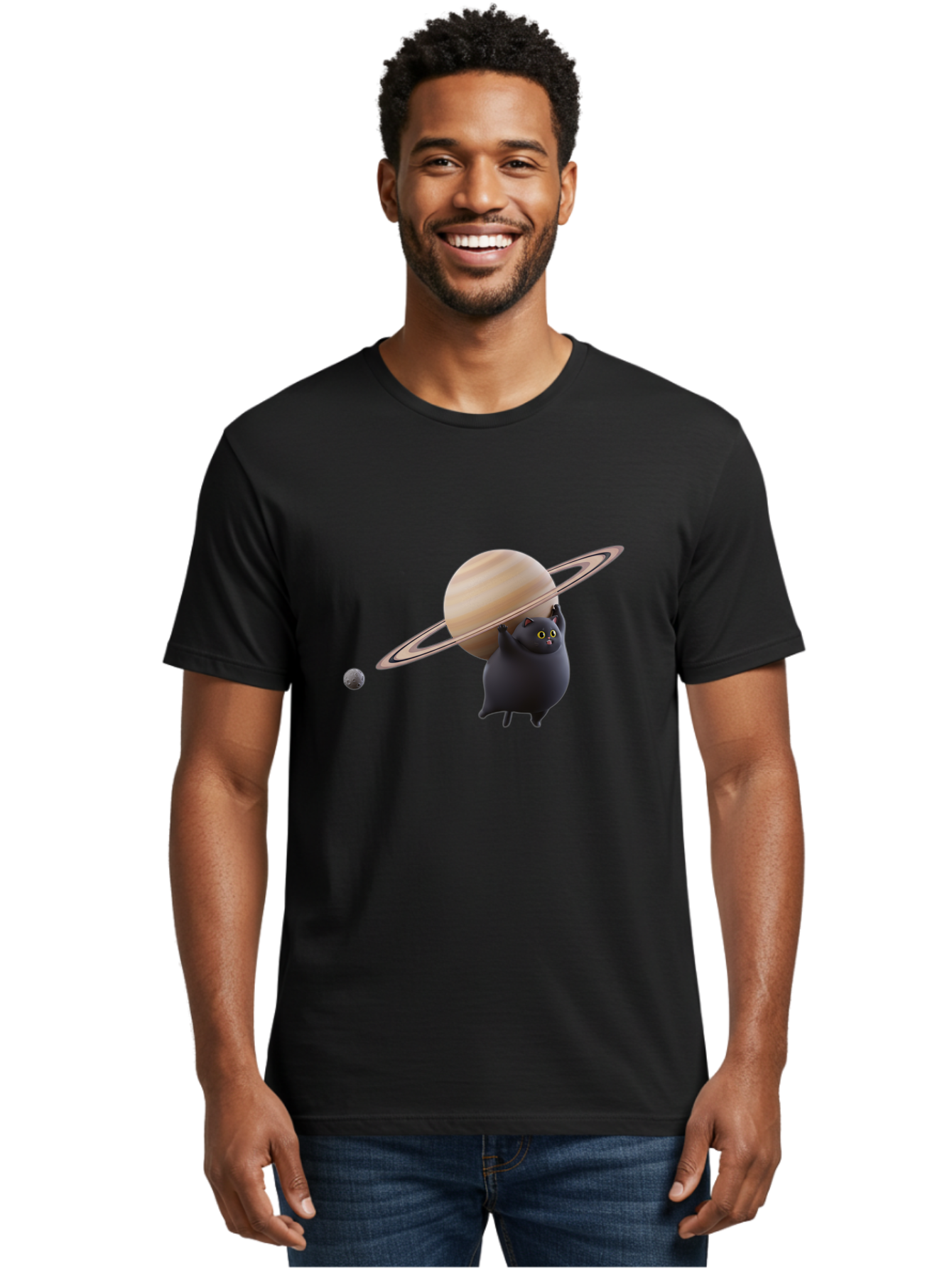 Black-Cat-With-Saturn Men'S Graphic Tee, 100% Cotton, Comfortable Casual Summer Wear, Machine Washable, Vintage Camera, Old Camera, Antique Camera, Black Camera, Classic Photography, Photography Equipment, Nostalgic Device, Film Camera, Bal813