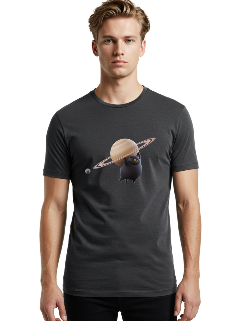 Black-Cat-With-Saturn Men'S Graphic Tee, 100% Cotton, Comfortable Casual Summer Wear, Machine Washable, Vintage Camera, Old Camera, Antique Camera, Black Camera, Classic Photography, Photography Equipment, Nostalgic Device, Film Camera, Bal813