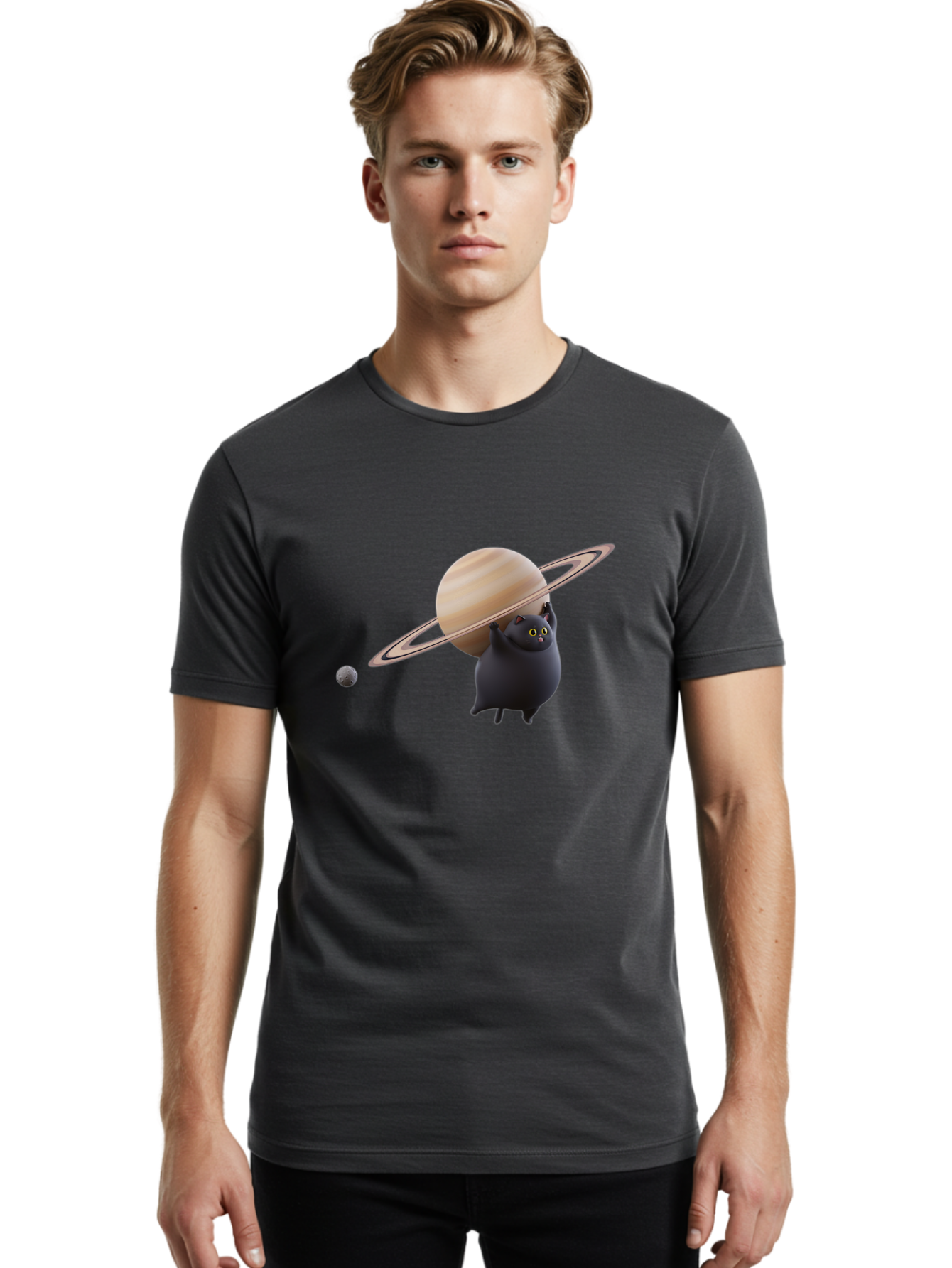 Black-Cat-With-Saturn Men'S Graphic Tee, 100% Cotton, Comfortable Casual Summer Wear, Machine Washable, Vintage Camera, Old Camera, Antique Camera, Black Camera, Classic Photography, Photography Equipment, Nostalgic Device, Film Camera, Bal813