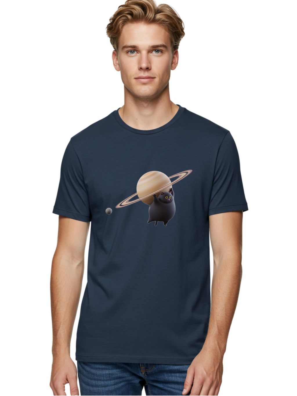 Black-Cat-With-Saturn Men'S Graphic Tee, 100% Cotton, Comfortable Casual Summer Wear, Machine Washable, Vintage Camera, Old Camera, Antique Camera, Black Camera, Classic Photography, Photography Equipment, Nostalgic Device, Film Camera, Bal813