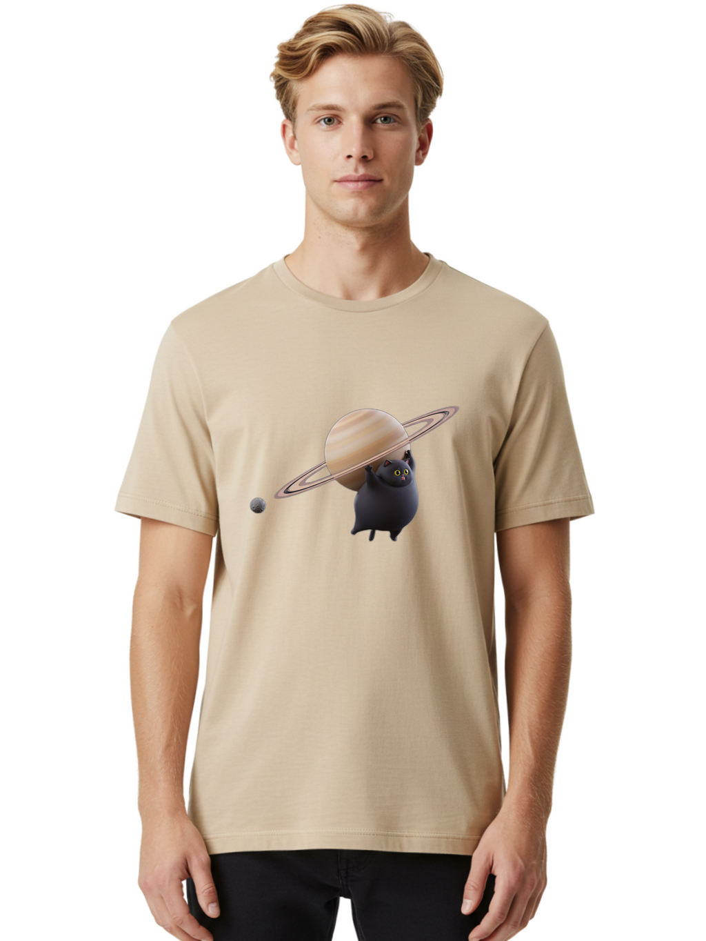 Black-Cat-With-Saturn Men'S Graphic Tee, 100% Cotton, Comfortable Casual Summer Wear, Machine Washable, Vintage Camera, Old Camera, Antique Camera, Black Camera, Classic Photography, Photography Equipment, Nostalgic Device, Film Camera, Bal813