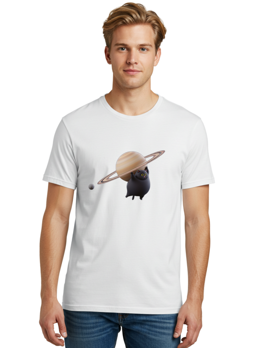 Black-Cat-With-Saturn Men'S Graphic Tee, 100% Cotton, Comfortable Casual Summer Wear, Machine Washable, Vintage Camera, Old Camera, Antique Camera, Black Camera, Classic Photography, Photography Equipment, Nostalgic Device, Film Camera, Bal813