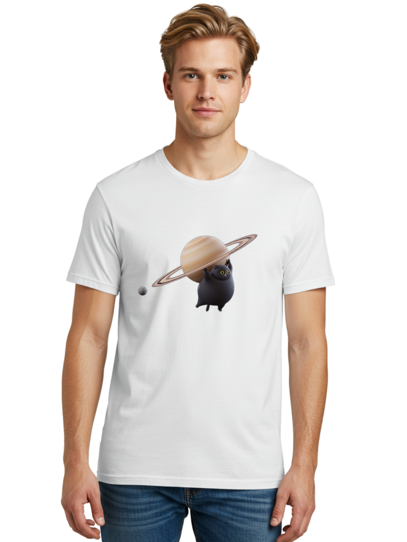 Black-Cat-With-Saturn Men'S Graphic Tee, 100% Cotton, Comfortable Casual Summer Wear, Machine Washable, Vintage Camera, Old Camera, Antique Camera, Black Camera, Classic Photography, Photography Equipment, Nostalgic Device, Film Camera, Bal813