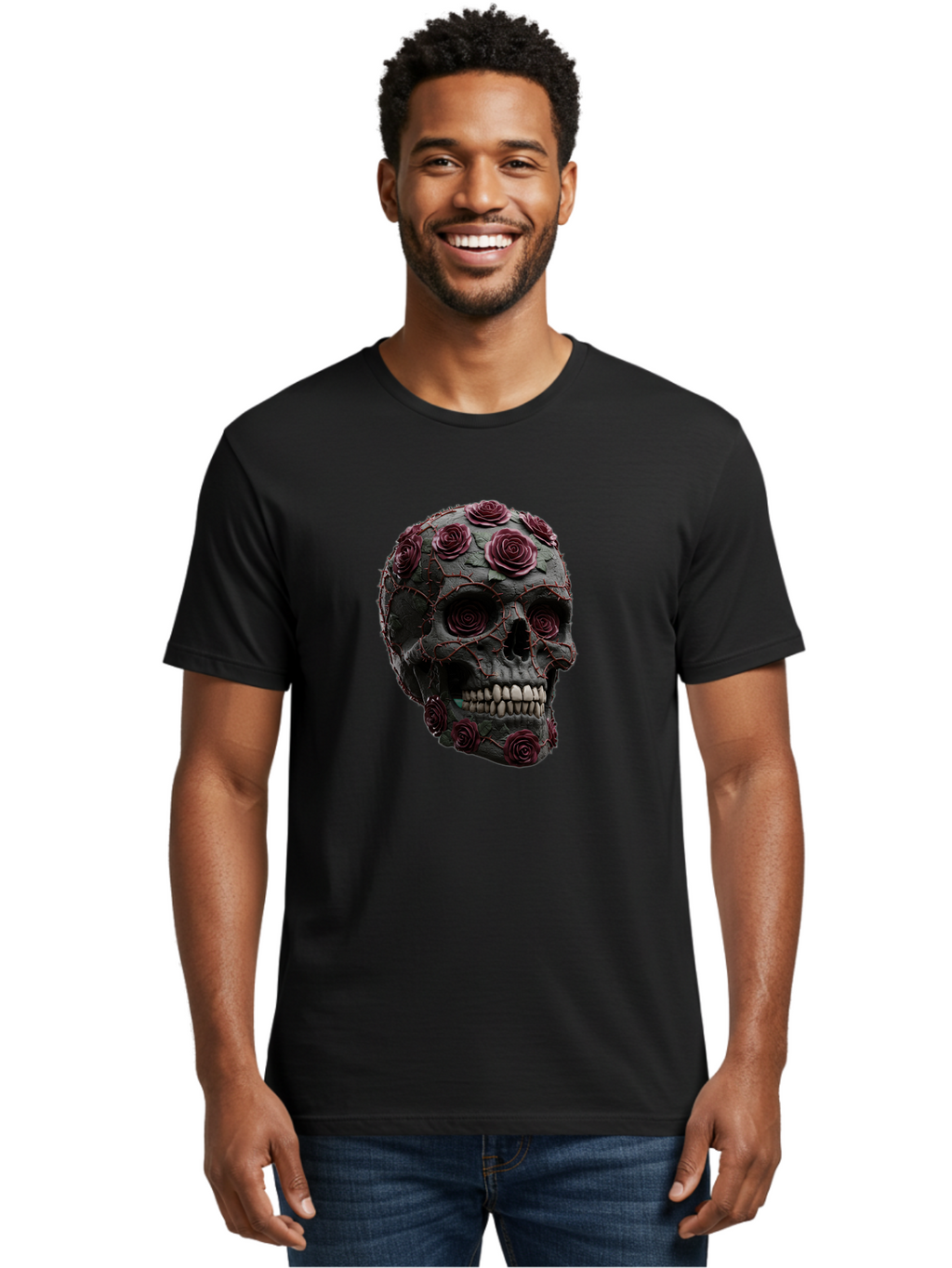 Black-Skull-With-Roses-3 Men'S Graphic Tee, 100% Cotton, Comfortable Casual Summer Wear, Machine Washable, Vintage Camera, Old Camera, Antique Camera, Black Camera, Classic Photography, Photography Equipment, Nostalgic Device, Film Camera, Bal826