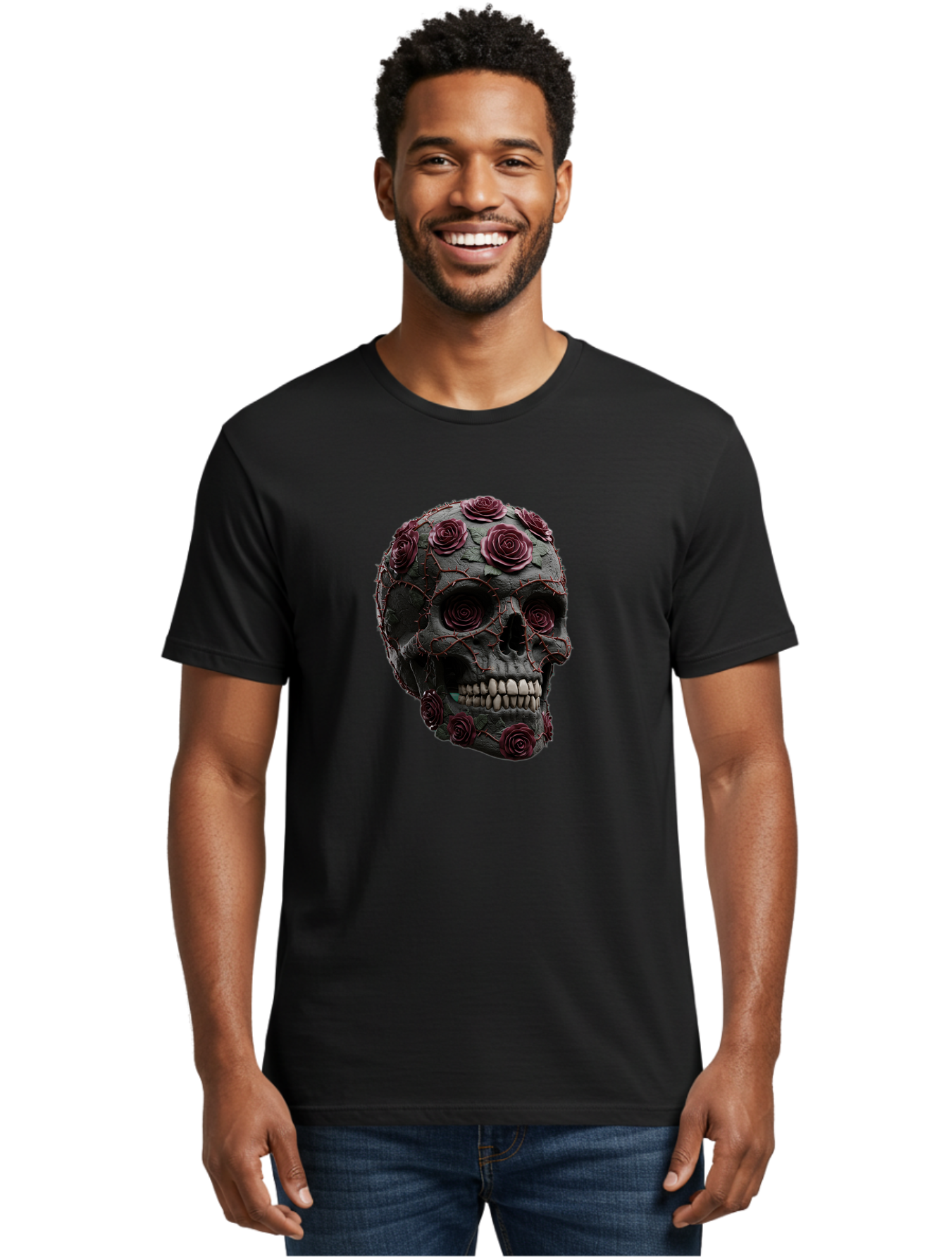 Black-Skull-With-Roses-3 Men'S Graphic Tee, 100% Cotton, Comfortable Casual Summer Wear, Machine Washable, Vintage Camera, Old Camera, Antique Camera, Black Camera, Classic Photography, Photography Equipment, Nostalgic Device, Film Camera, Bal826