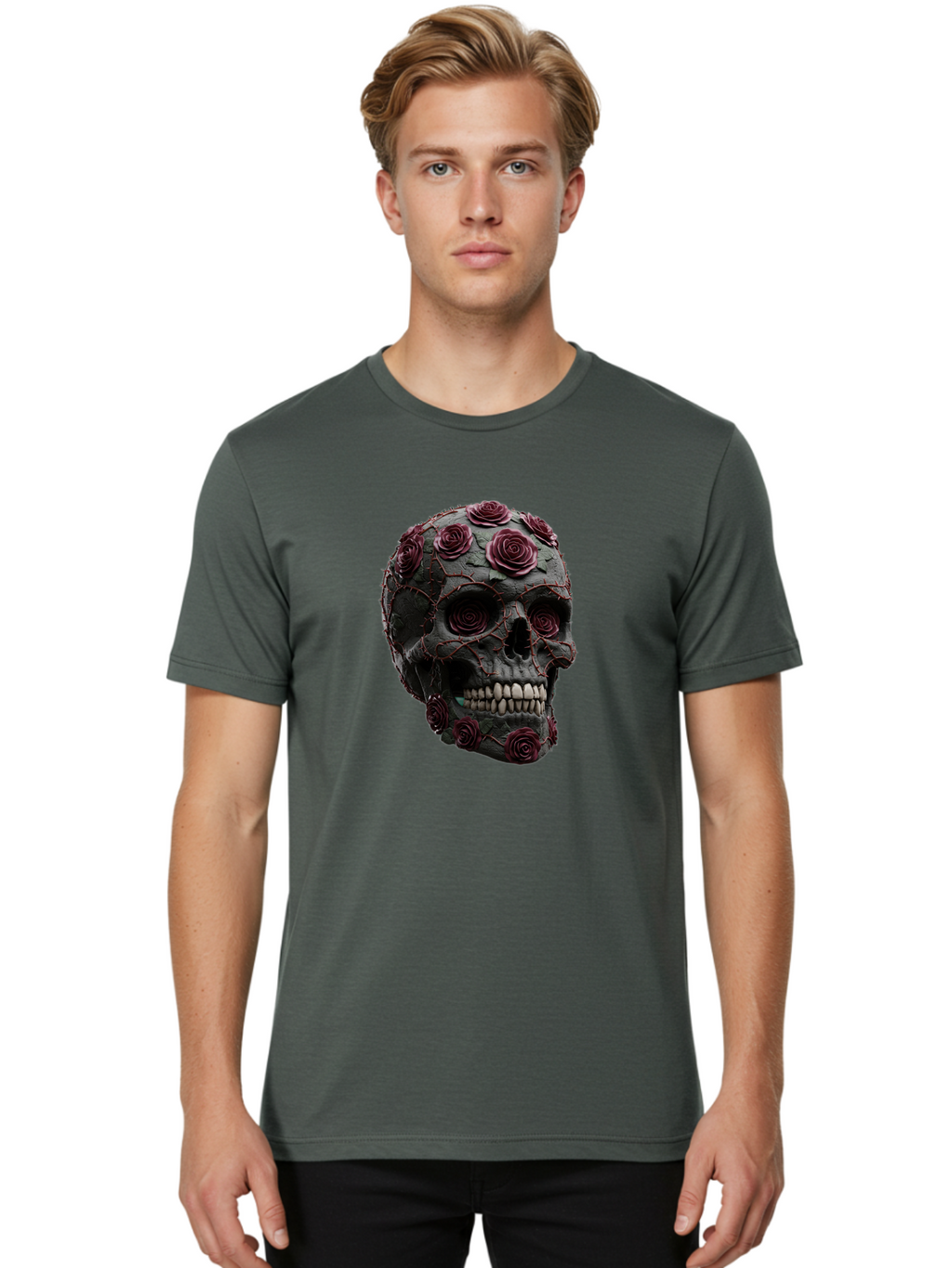 Black-Skull-With-Roses-3 Men'S Graphic Tee, 100% Cotton, Comfortable Casual Summer Wear, Machine Washable, Vintage Camera, Old Camera, Antique Camera, Black Camera, Classic Photography, Photography Equipment, Nostalgic Device, Film Camera, Bal826