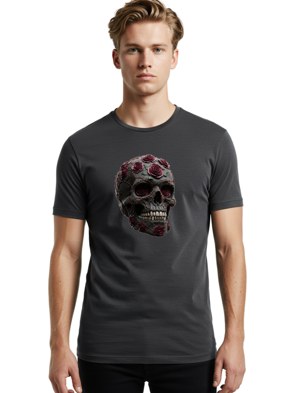 Black-Skull-With-Roses-3 Men'S Graphic Tee, 100% Cotton, Comfortable Casual Summer Wear, Machine Washable, Vintage Camera, Old Camera, Antique Camera, Black Camera, Classic Photography, Photography Equipment, Nostalgic Device, Film Camera, Bal826