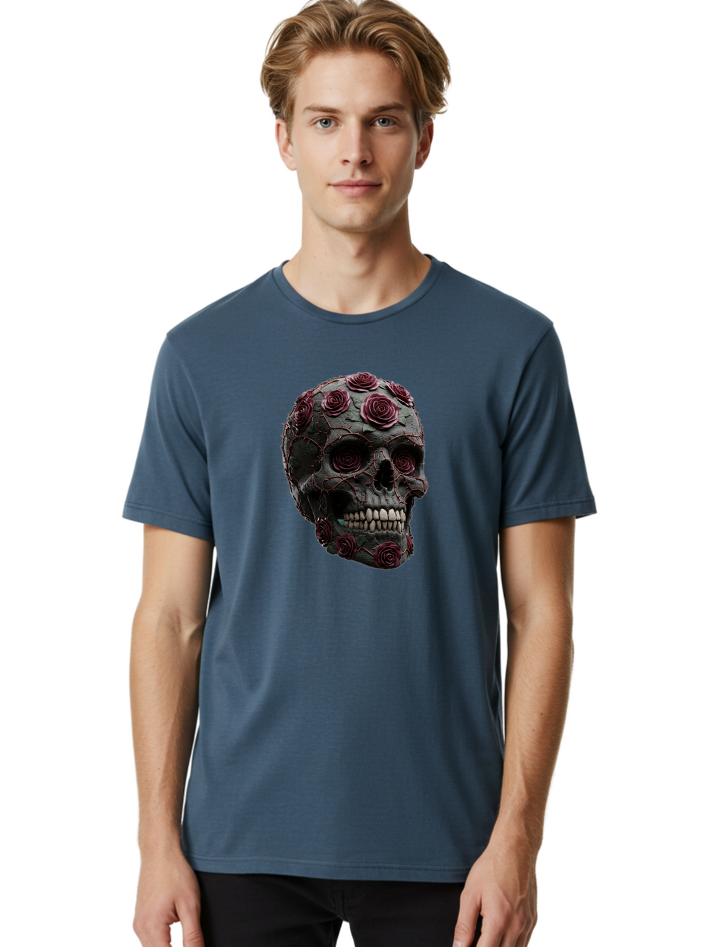 Black-Skull-With-Roses-3 Men'S Graphic Tee, 100% Cotton, Comfortable Casual Summer Wear, Machine Washable, Vintage Camera, Old Camera, Antique Camera, Black Camera, Classic Photography, Photography Equipment, Nostalgic Device, Film Camera, Bal826