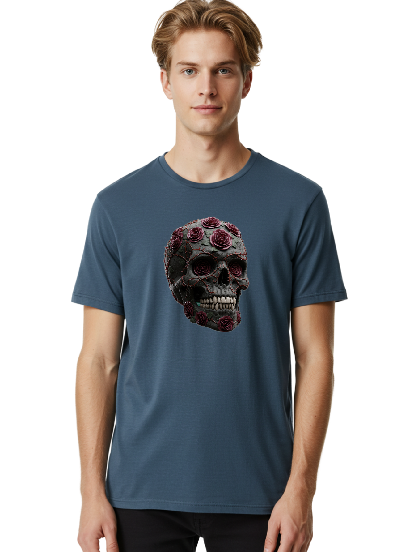 Black-Skull-With-Roses-3 Men'S Graphic Tee, 100% Cotton, Comfortable Casual Summer Wear, Machine Washable, Vintage Camera, Old Camera, Antique Camera, Black Camera, Classic Photography, Photography Equipment, Nostalgic Device, Film Camera, Bal826