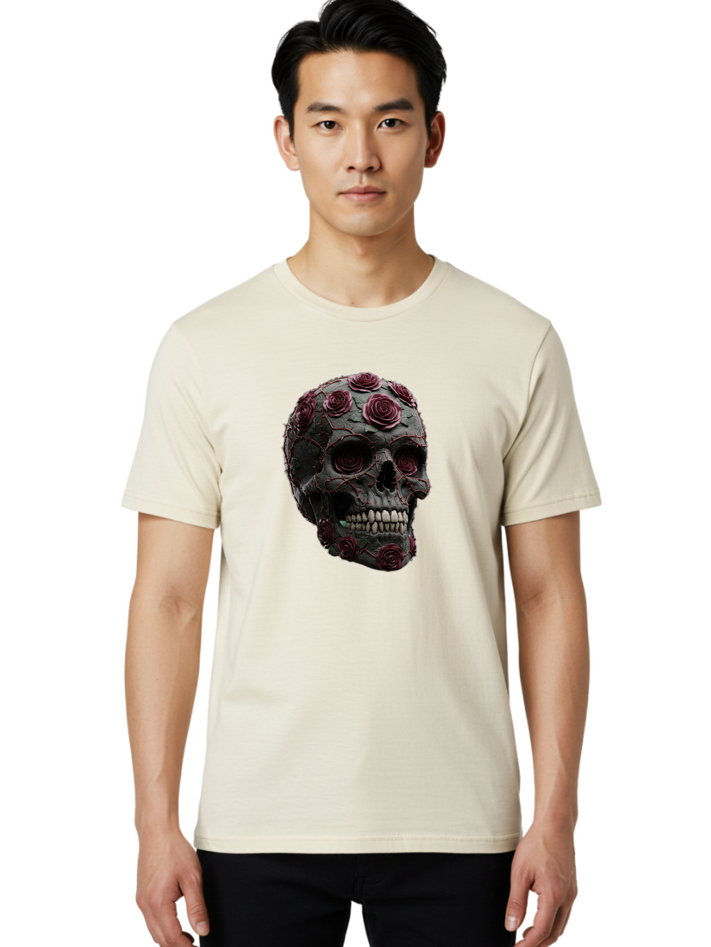 Black-Skull-With-Roses-3 Men'S Graphic Tee, 100% Cotton, Comfortable Casual Summer Wear, Machine Washable, Vintage Camera, Old Camera, Antique Camera, Black Camera, Classic Photography, Photography Equipment, Nostalgic Device, Film Camera, Bal826