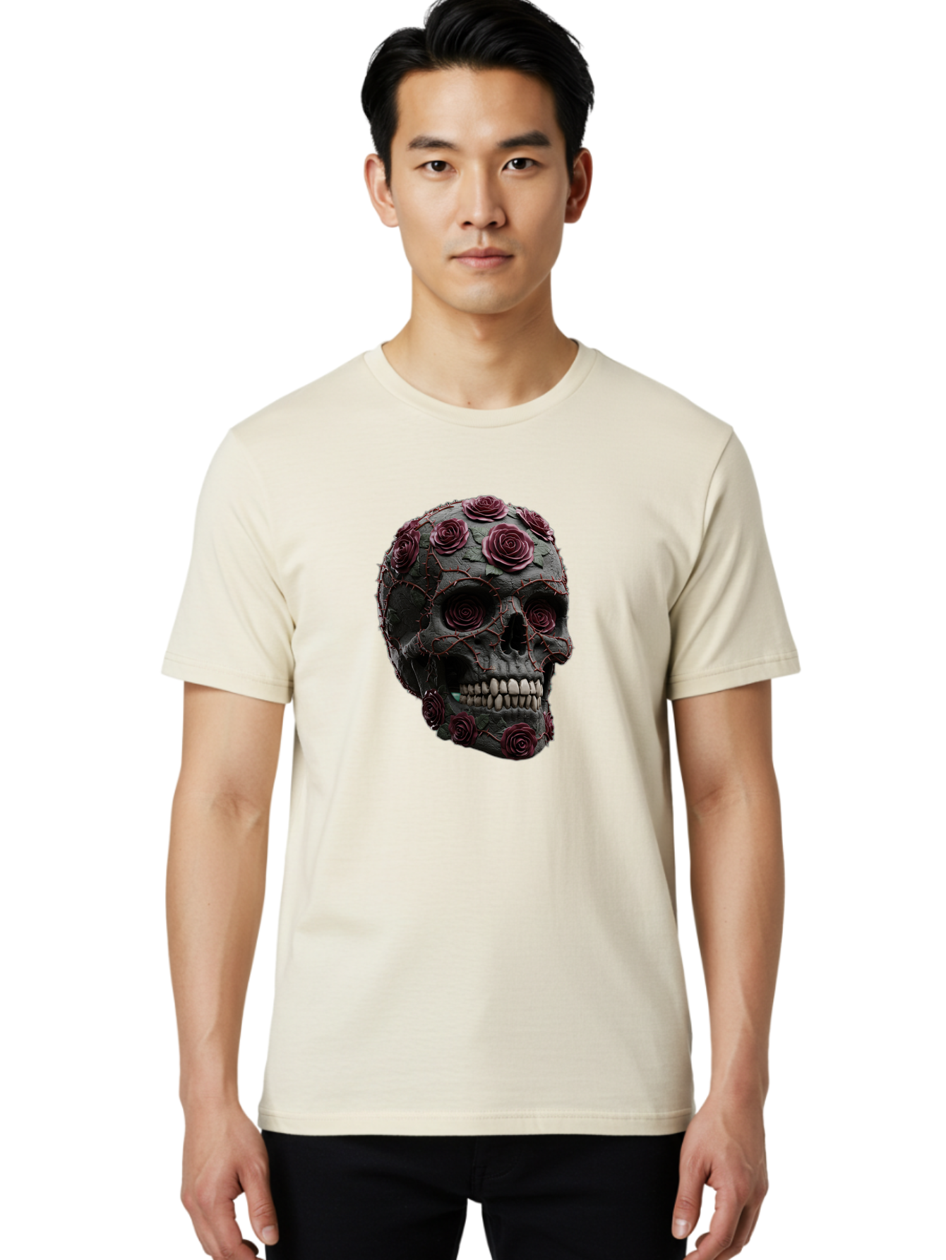 Black-Skull-With-Roses-3 Men'S Graphic Tee, 100% Cotton, Comfortable Casual Summer Wear, Machine Washable, Vintage Camera, Old Camera, Antique Camera, Black Camera, Classic Photography, Photography Equipment, Nostalgic Device, Film Camera, Bal826