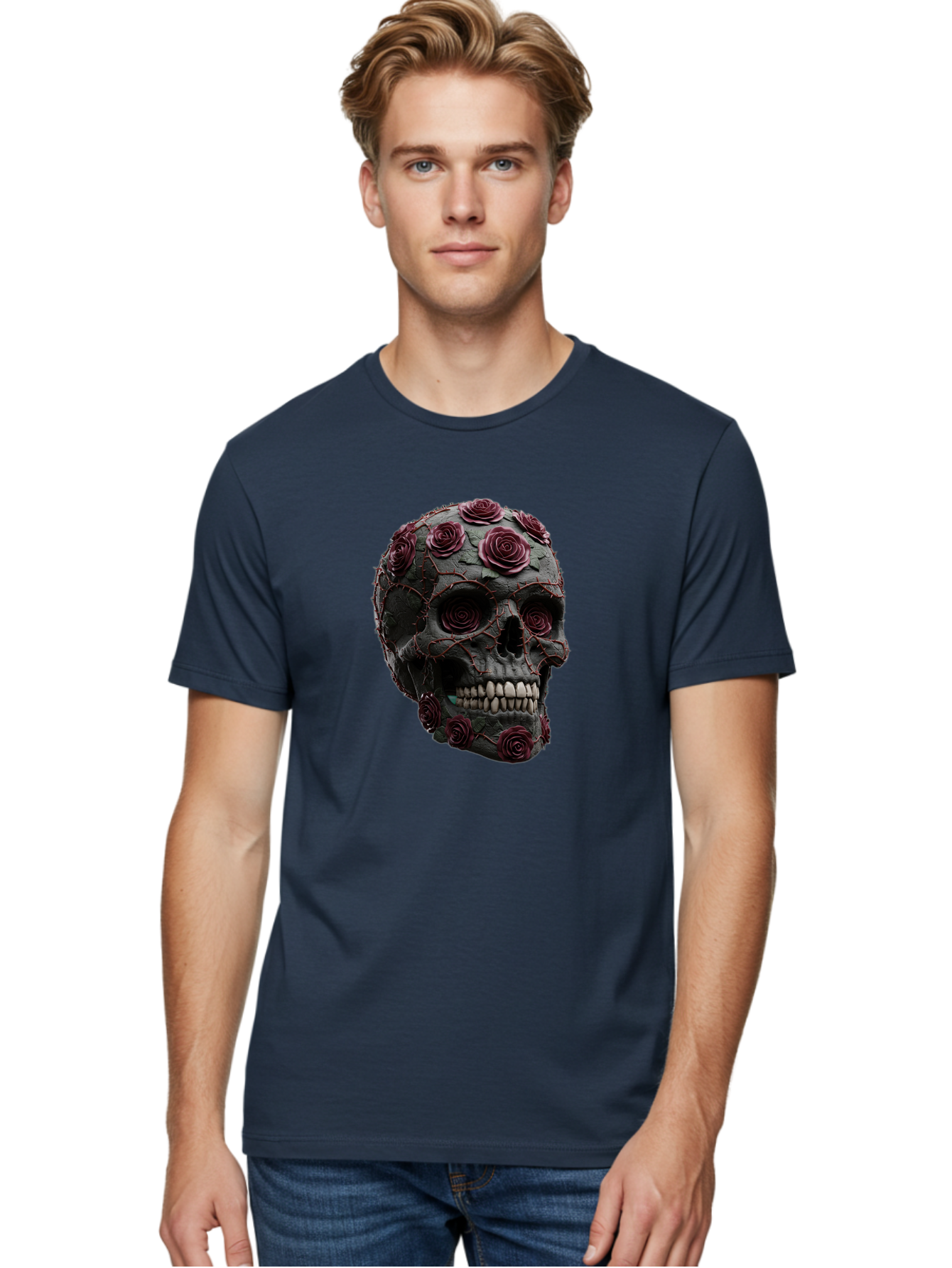 Black-Skull-With-Roses-3 Men'S Graphic Tee, 100% Cotton, Comfortable Casual Summer Wear, Machine Washable, Vintage Camera, Old Camera, Antique Camera, Black Camera, Classic Photography, Photography Equipment, Nostalgic Device, Film Camera, Bal826