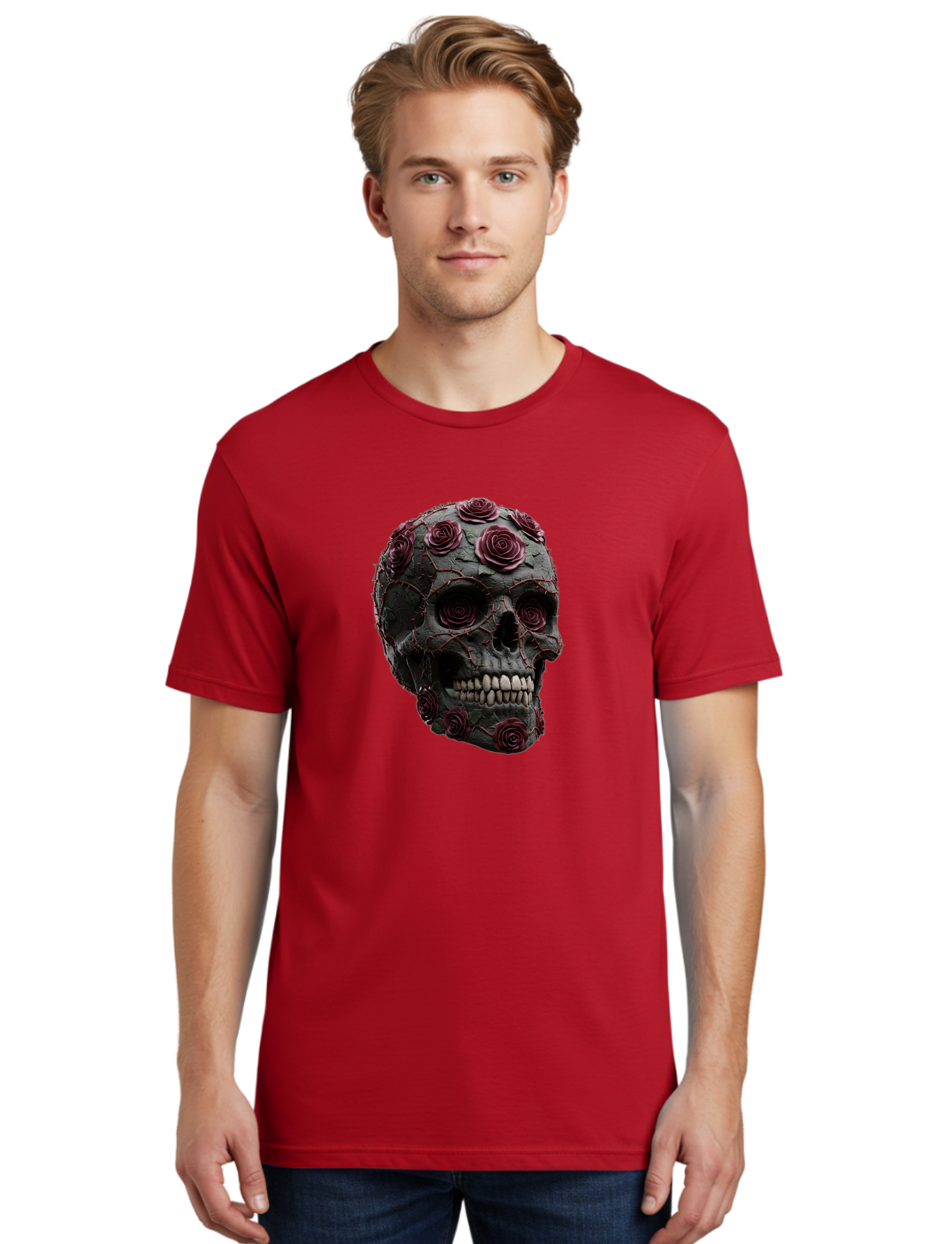 Black-Skull-With-Roses-3 Men'S Graphic Tee, 100% Cotton, Comfortable Casual Summer Wear, Machine Washable, Vintage Camera, Old Camera, Antique Camera, Black Camera, Classic Photography, Photography Equipment, Nostalgic Device, Film Camera, Bal826