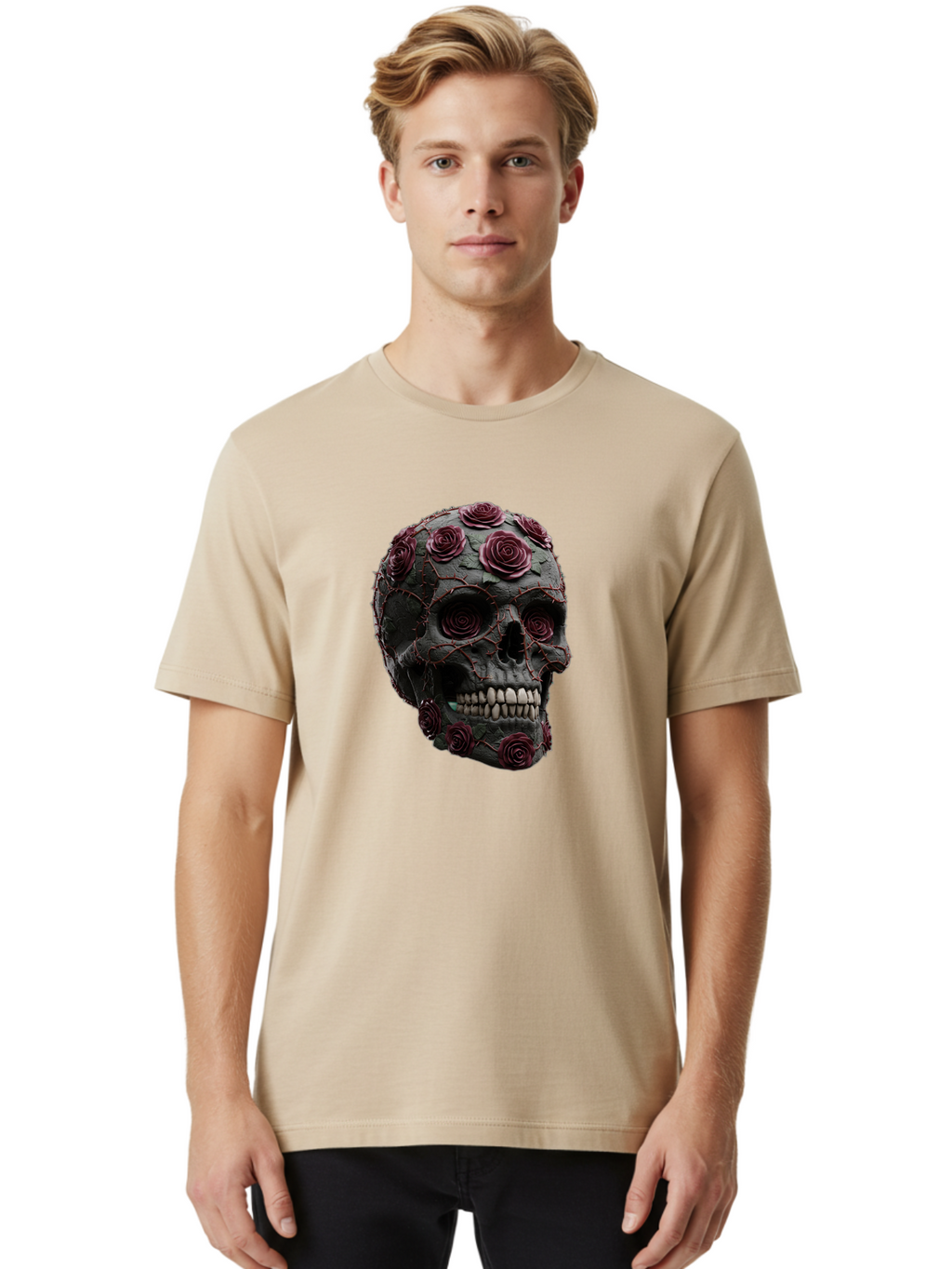 Black-Skull-With-Roses-3 Men'S Graphic Tee, 100% Cotton, Comfortable Casual Summer Wear, Machine Washable, Vintage Camera, Old Camera, Antique Camera, Black Camera, Classic Photography, Photography Equipment, Nostalgic Device, Film Camera, Bal826