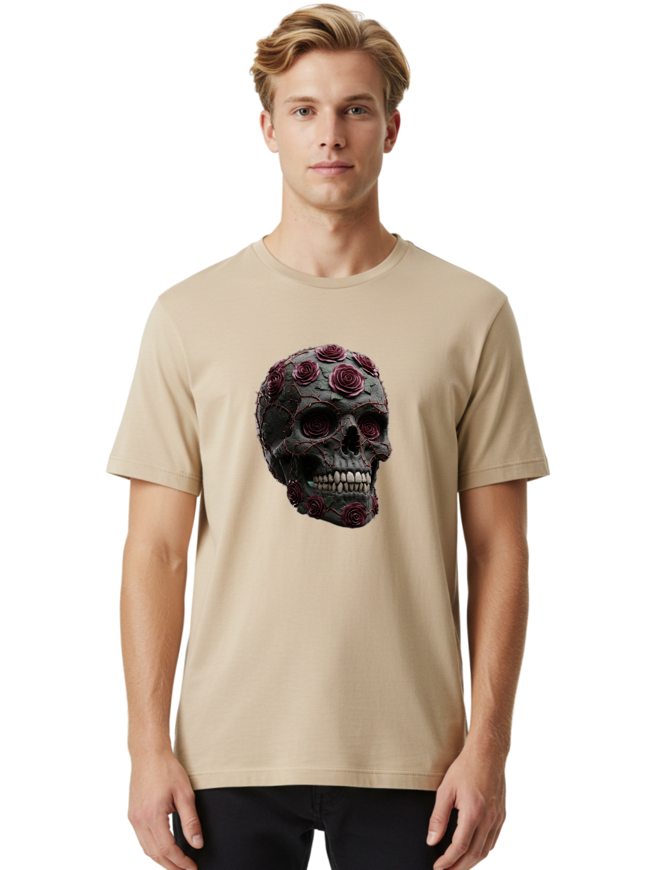 Black-Skull-With-Roses-3 Men'S Graphic Tee, 100% Cotton, Comfortable Casual Summer Wear, Machine Washable, Vintage Camera, Old Camera, Antique Camera, Black Camera, Classic Photography, Photography Equipment, Nostalgic Device, Film Camera, Bal826