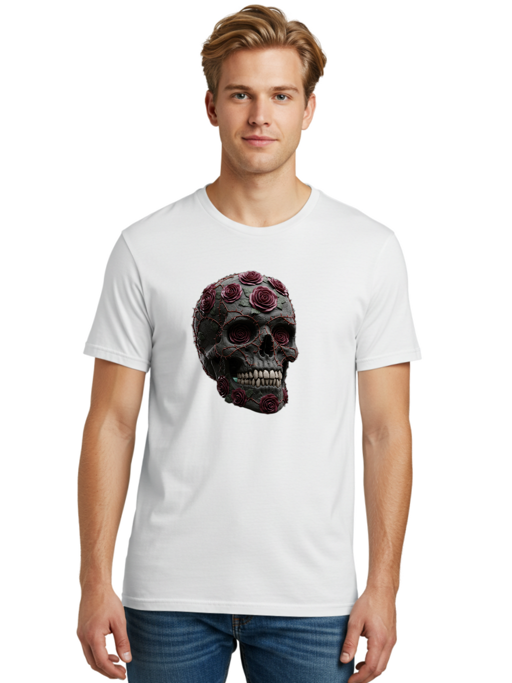 Black-Skull-With-Roses-3 Men'S Graphic Tee, 100% Cotton, Comfortable Casual Summer Wear, Machine Washable, Vintage Camera, Old Camera, Antique Camera, Black Camera, Classic Photography, Photography Equipment, Nostalgic Device, Film Camera, Bal826