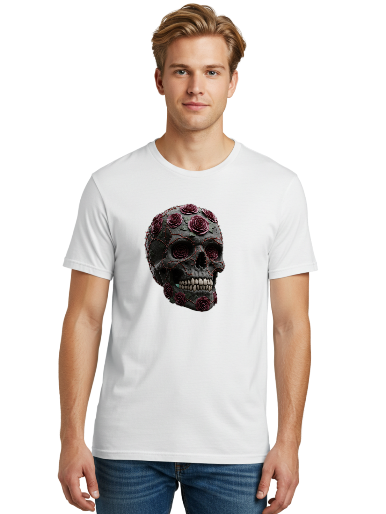 Black-Skull-With-Roses-3 Men'S Graphic Tee, 100% Cotton, Comfortable Casual Summer Wear, Machine Washable, Vintage Camera, Old Camera, Antique Camera, Black Camera, Classic Photography, Photography Equipment, Nostalgic Device, Film Camera, Bal826