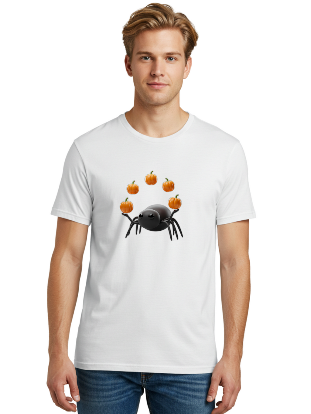 Black-Spider-With-Pumpkins-1 Men'S Graphic Tee, 100% Cotton, Comfortable Casual Summer Wear, Machine Washable, Vintage Camera, Old Camera, Antique Camera, Black Camera, Classic Photography, Photography Equipment, Nostalgic Device, Film Camera, Bal827