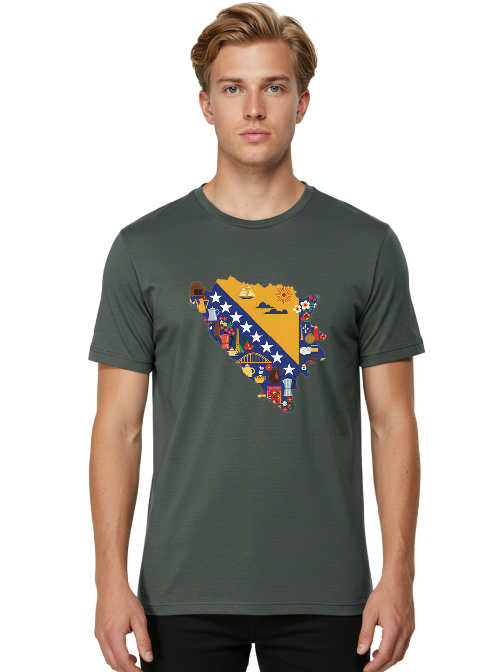 Bosnia-And-Herzegovina-Symbols Men'S Graphic Tee, 100% Cotton, Comfortable Casual Summer Wear, Machine Washable, Vintage Camera, Old Camera, Antique Camera, Black Camera, Classic Photography, Photography Equipment, Nostalgic Device, Bal855