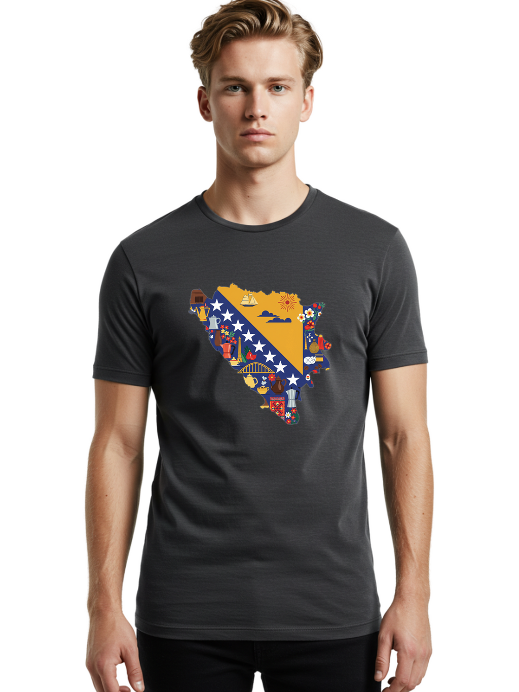 Bosnia-And-Herzegovina-Symbols Men'S Graphic Tee, 100% Cotton, Comfortable Casual Summer Wear, Machine Washable, Vintage Camera, Old Camera, Antique Camera, Black Camera, Classic Photography, Photography Equipment, Nostalgic Device, Bal855