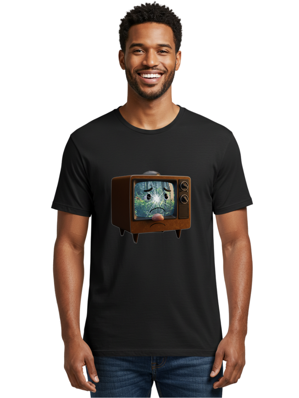 Broken-Tv-With-Frowning-Face Men'S Graphic Tee, 100% Cotton, Comfortable Casual Summer Wear, Machine Washable, Vintage Camera, Old Camera, Antique Camera, Black Camera, Classic Photography, Photography Equipment, Nostalgic Device, Film Camera, Bal882