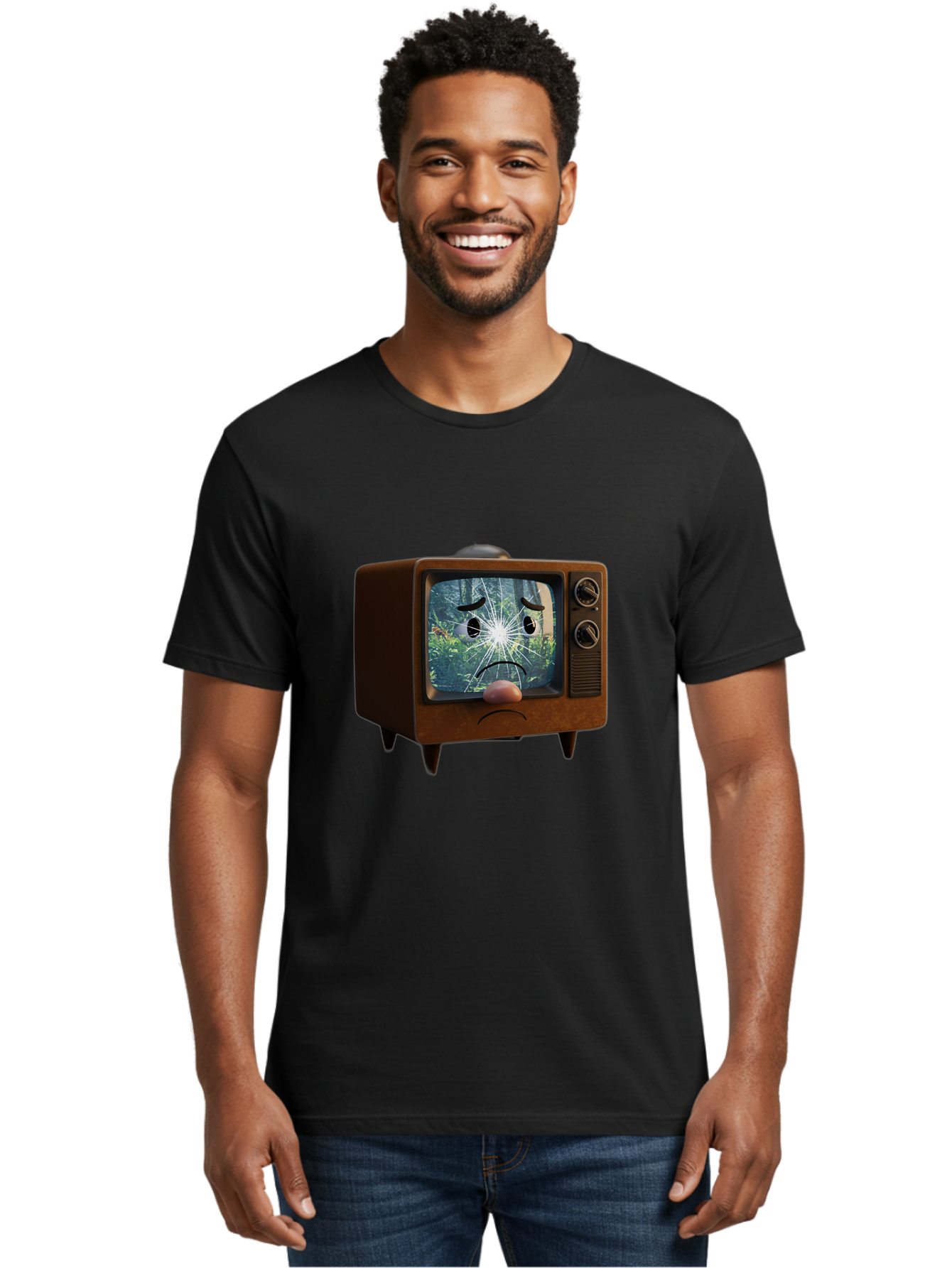 Broken-Tv-With-Frowning-Face Men'S Graphic Tee, 100% Cotton, Comfortable Casual Summer Wear, Machine Washable, Vintage Camera, Old Camera, Antique Camera, Black Camera, Classic Photography, Photography Equipment, Nostalgic Device, Film Camera, Bal882