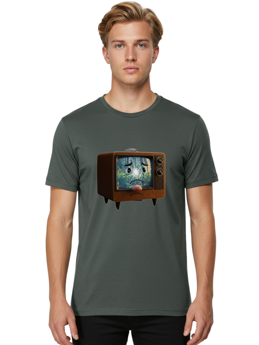Broken-Tv-With-Frowning-Face Men'S Graphic Tee, 100% Cotton, Comfortable Casual Summer Wear, Machine Washable, Vintage Camera, Old Camera, Antique Camera, Black Camera, Classic Photography, Photography Equipment, Nostalgic Device, Film Camera, Bal882