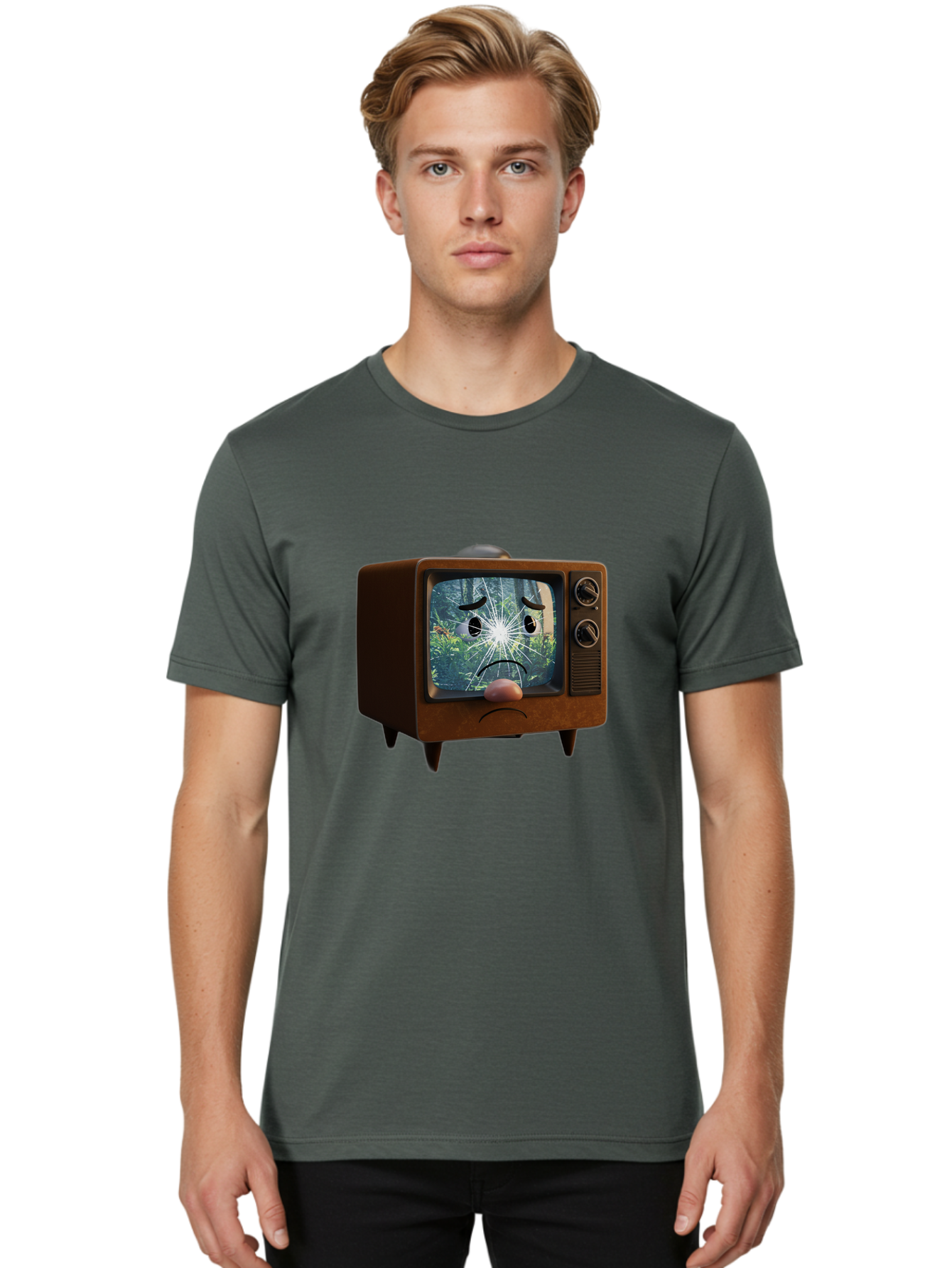 Broken-Tv-With-Frowning-Face Men'S Graphic Tee, 100% Cotton, Comfortable Casual Summer Wear, Machine Washable, Vintage Camera, Old Camera, Antique Camera, Black Camera, Classic Photography, Photography Equipment, Nostalgic Device, Film Camera, Bal882
