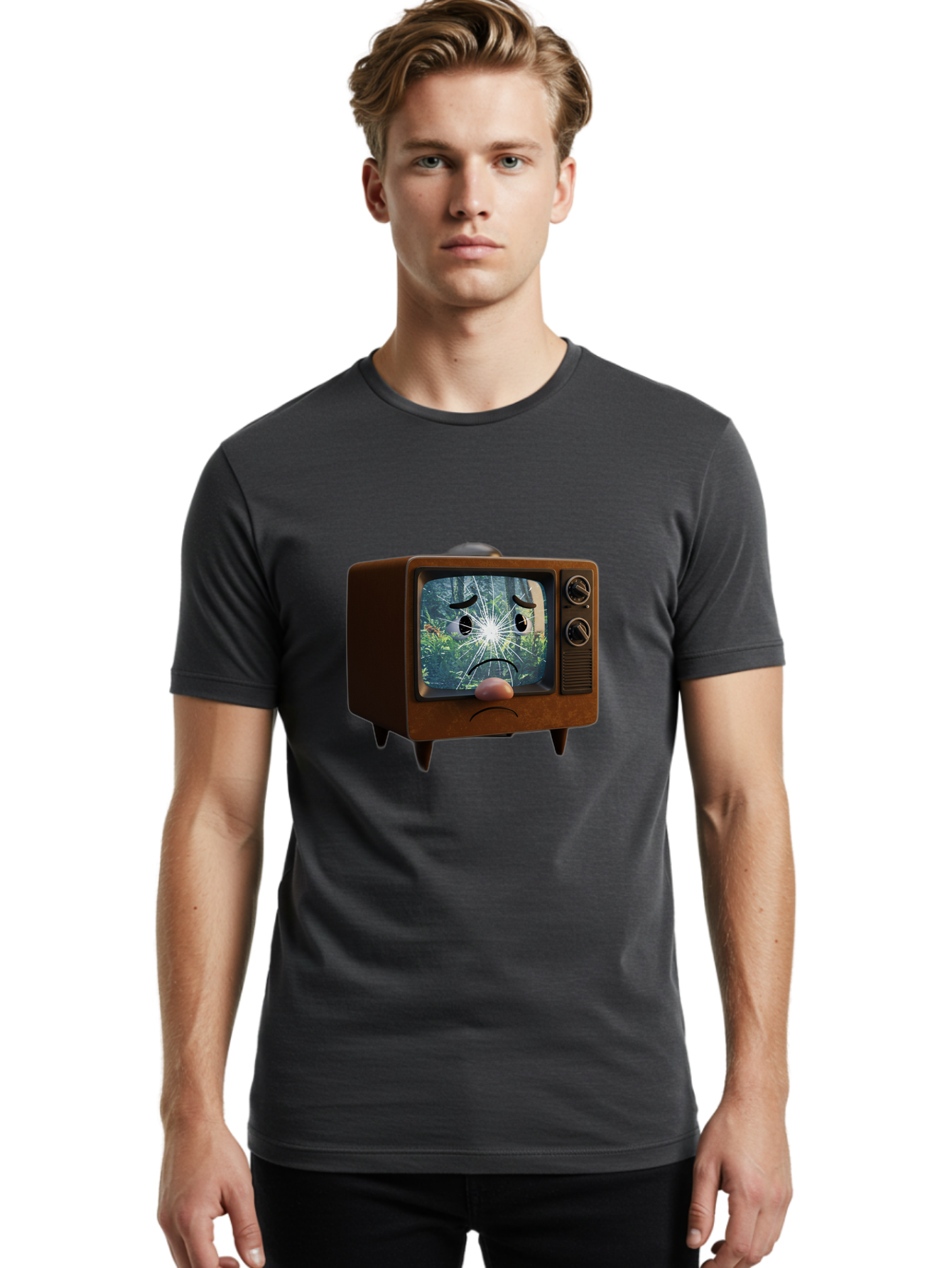 Broken-Tv-With-Frowning-Face Men'S Graphic Tee, 100% Cotton, Comfortable Casual Summer Wear, Machine Washable, Vintage Camera, Old Camera, Antique Camera, Black Camera, Classic Photography, Photography Equipment, Nostalgic Device, Film Camera, Bal882