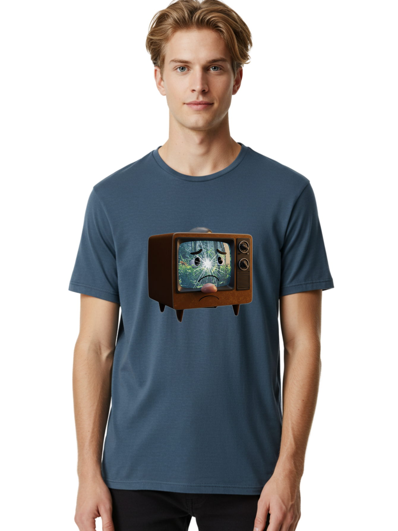 Broken-Tv-With-Frowning-Face Men'S Graphic Tee, 100% Cotton, Comfortable Casual Summer Wear, Machine Washable, Vintage Camera, Old Camera, Antique Camera, Black Camera, Classic Photography, Photography Equipment, Nostalgic Device, Film Camera, Bal882