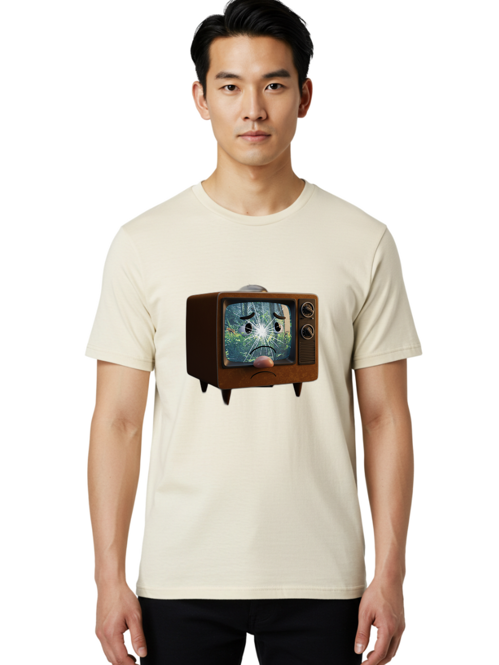 Broken-Tv-With-Frowning-Face Men'S Graphic Tee, 100% Cotton, Comfortable Casual Summer Wear, Machine Washable, Vintage Camera, Old Camera, Antique Camera, Black Camera, Classic Photography, Photography Equipment, Nostalgic Device, Film Camera, Bal882