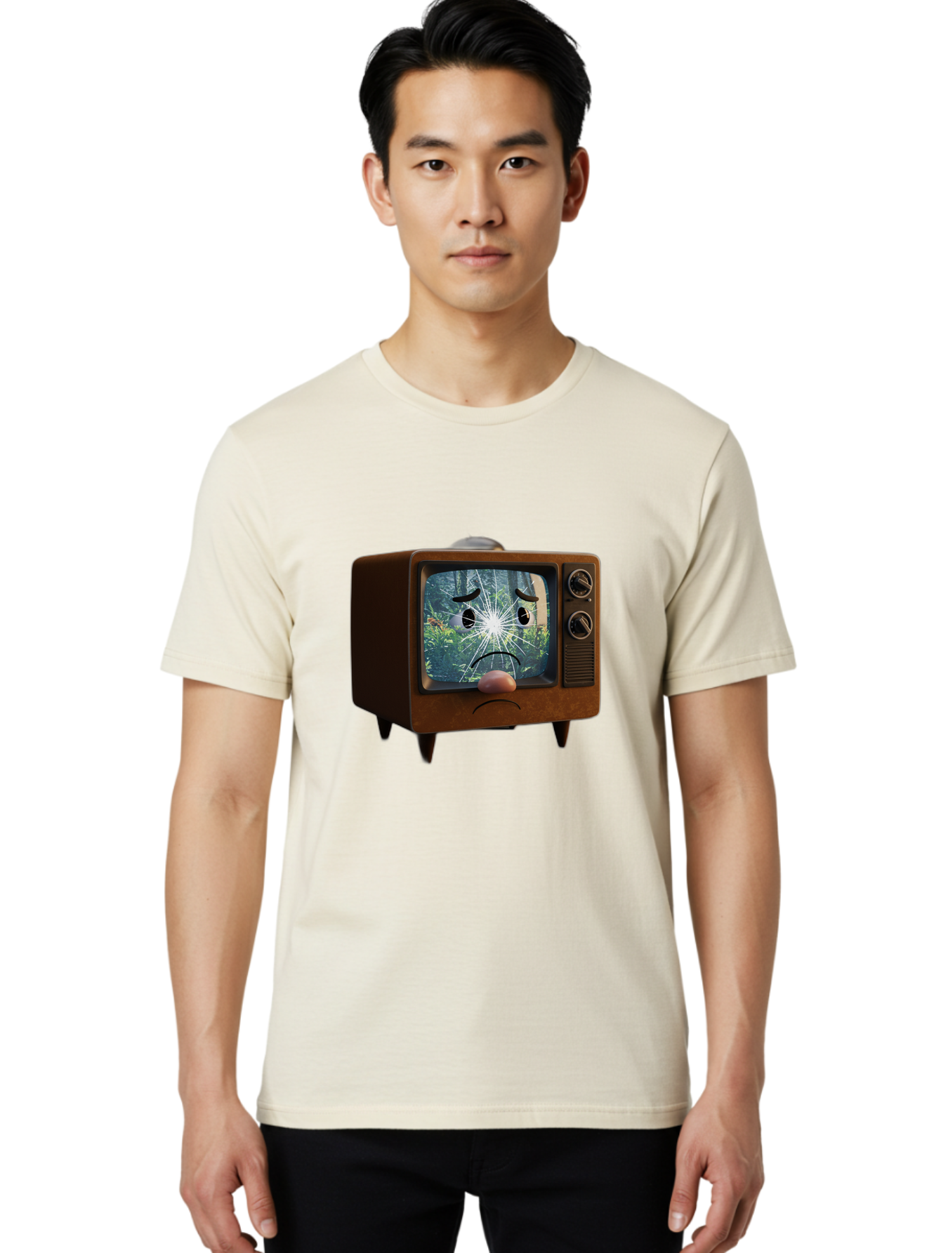 Broken-Tv-With-Frowning-Face Men'S Graphic Tee, 100% Cotton, Comfortable Casual Summer Wear, Machine Washable, Vintage Camera, Old Camera, Antique Camera, Black Camera, Classic Photography, Photography Equipment, Nostalgic Device, Film Camera, Bal882