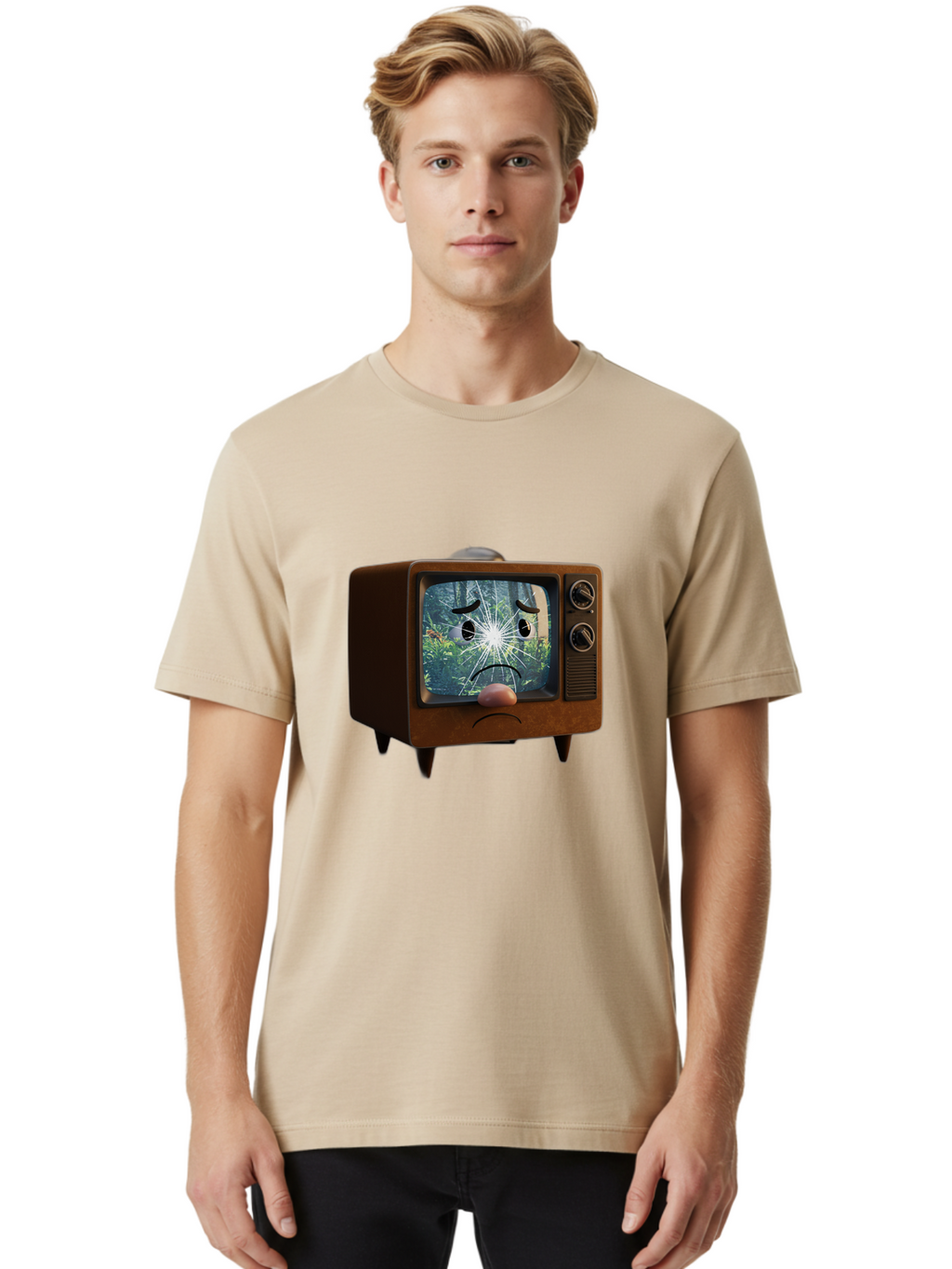 Broken-Tv-With-Frowning-Face Men'S Graphic Tee, 100% Cotton, Comfortable Casual Summer Wear, Machine Washable, Vintage Camera, Old Camera, Antique Camera, Black Camera, Classic Photography, Photography Equipment, Nostalgic Device, Film Camera, Bal882