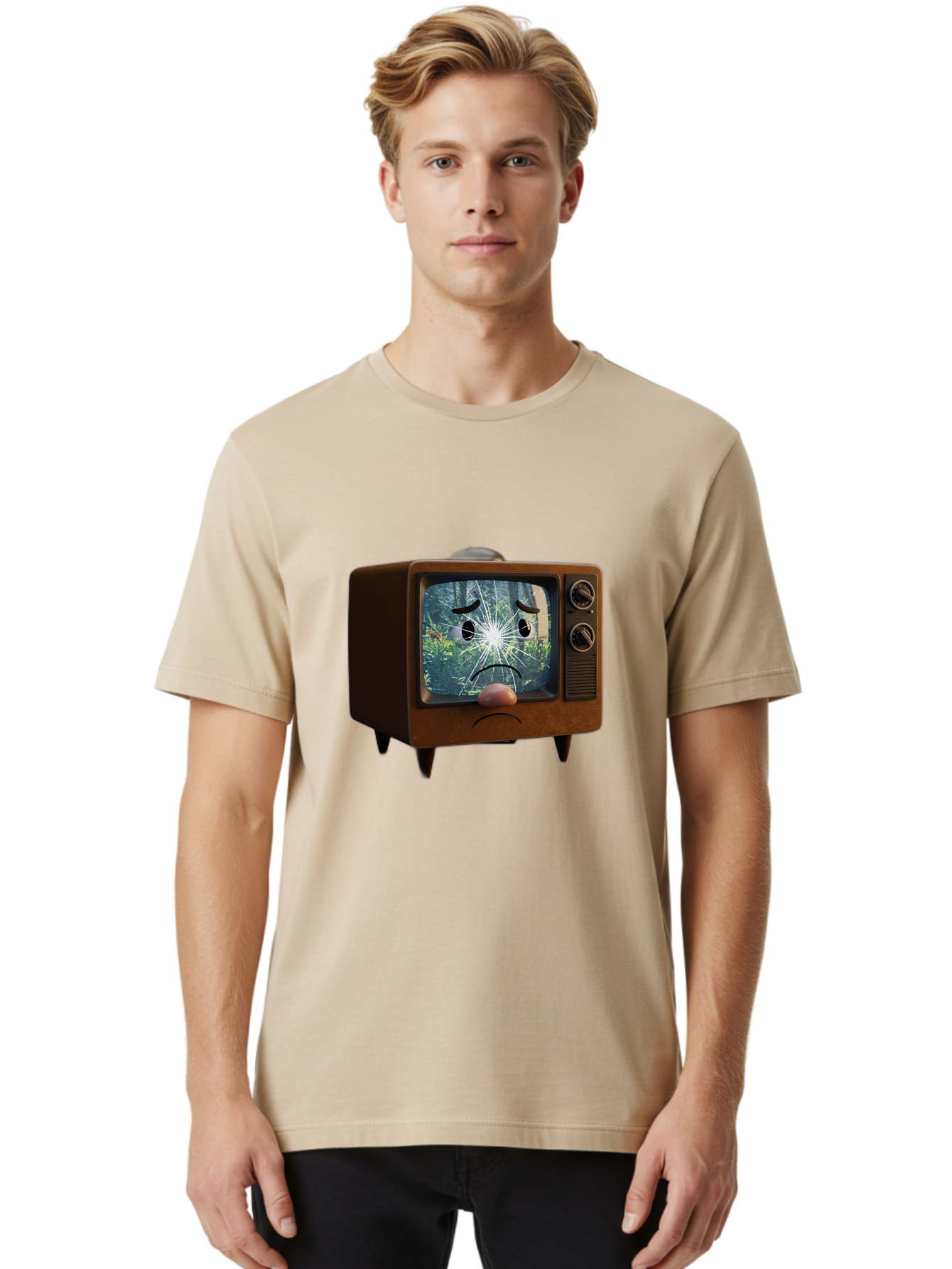 Broken-Tv-With-Frowning-Face Men'S Graphic Tee, 100% Cotton, Comfortable Casual Summer Wear, Machine Washable, Vintage Camera, Old Camera, Antique Camera, Black Camera, Classic Photography, Photography Equipment, Nostalgic Device, Film Camera, Bal882