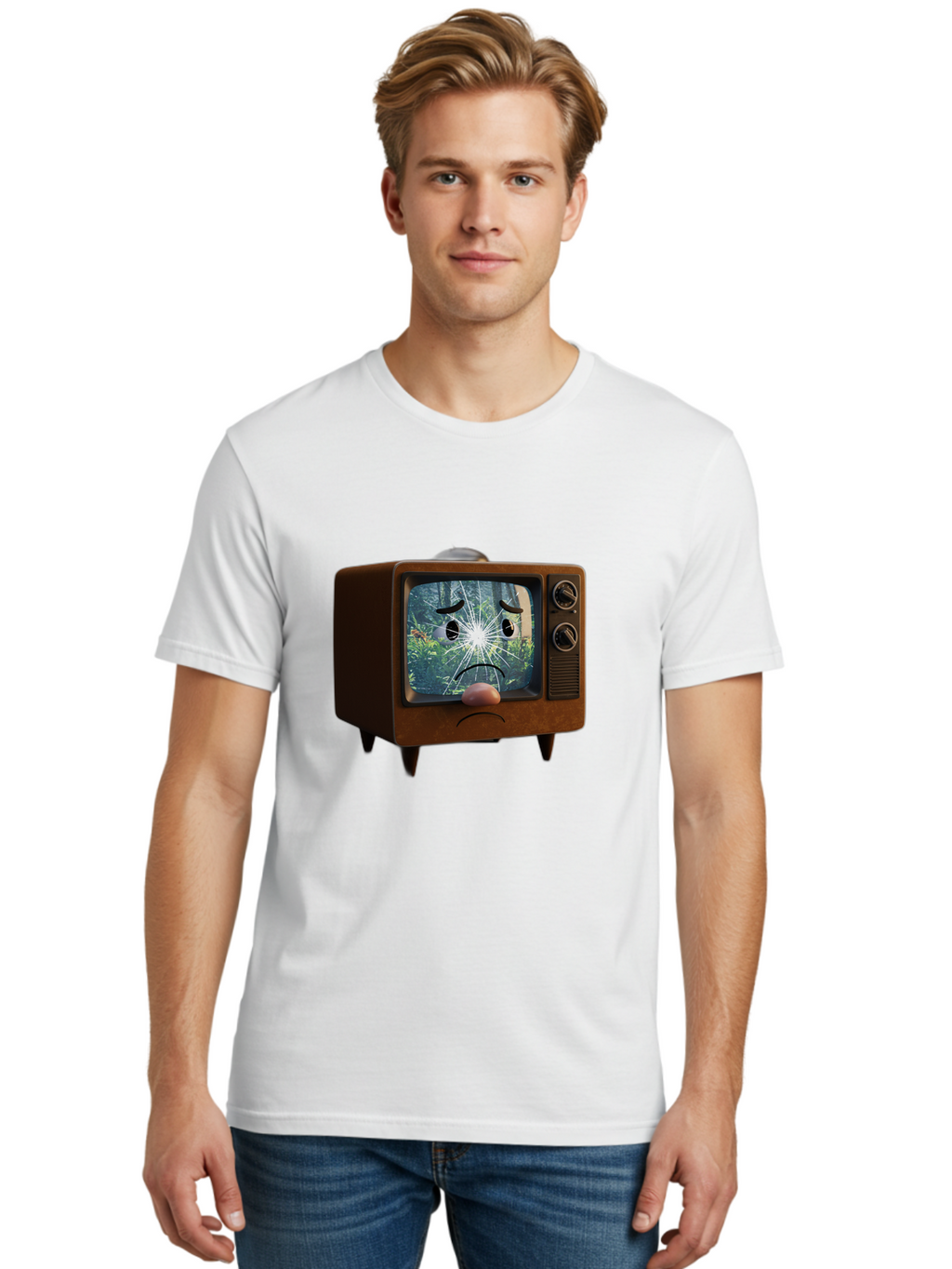 Broken-Tv-With-Frowning-Face Men'S Graphic Tee, 100% Cotton, Comfortable Casual Summer Wear, Machine Washable, Vintage Camera, Old Camera, Antique Camera, Black Camera, Classic Photography, Photography Equipment, Nostalgic Device, Film Camera, Bal882