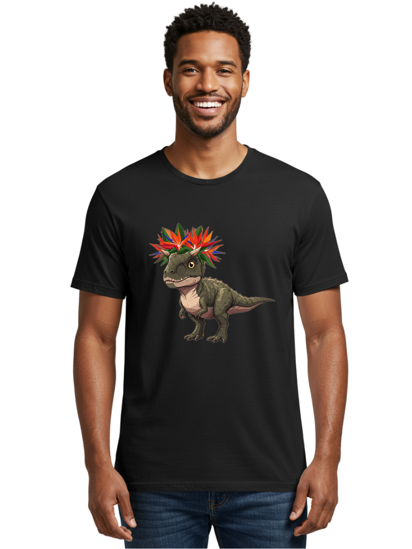 Carnotaurus-With-Flowers Men'S Graphic Tee, 100% Cotton, Comfortable Casual Summer Wear, Machine Washable, Vintage Camera, Old Camera, Antique Camera, Black Camera, Classic Photography, Photography Equipment, Nostalgic Device, Film Camera, Bal949