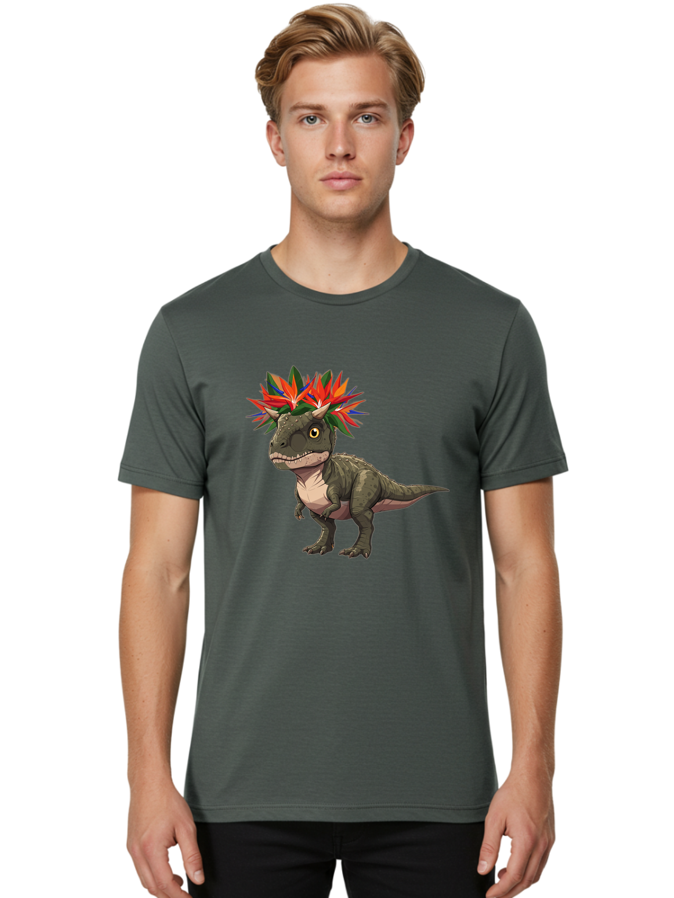 Carnotaurus-With-Flowers Men'S Graphic Tee, 100% Cotton, Comfortable Casual Summer Wear, Machine Washable, Vintage Camera, Old Camera, Antique Camera, Black Camera, Classic Photography, Photography Equipment, Nostalgic Device, Film Camera, Bal949