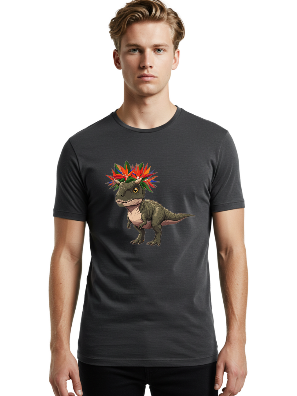 Carnotaurus-With-Flowers Men'S Graphic Tee, 100% Cotton, Comfortable Casual Summer Wear, Machine Washable, Vintage Camera, Old Camera, Antique Camera, Black Camera, Classic Photography, Photography Equipment, Nostalgic Device, Film Camera, Bal949