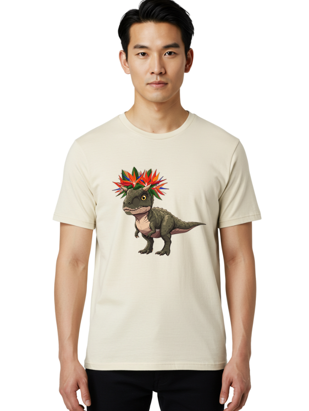 Carnotaurus-With-Flowers Men'S Graphic Tee, 100% Cotton, Comfortable Casual Summer Wear, Machine Washable, Vintage Camera, Old Camera, Antique Camera, Black Camera, Classic Photography, Photography Equipment, Nostalgic Device, Film Camera, Bal949