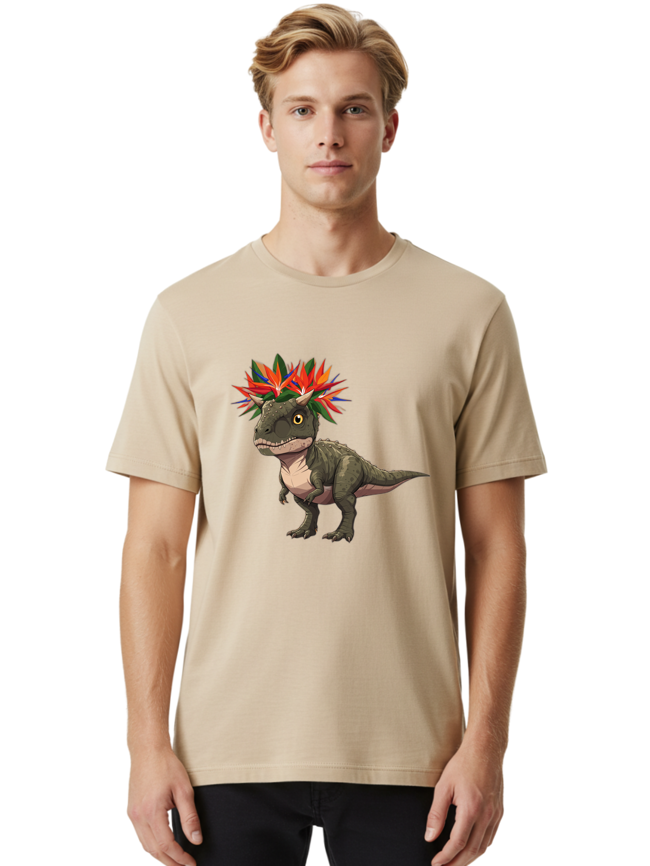 Carnotaurus-With-Flowers Men'S Graphic Tee, 100% Cotton, Comfortable Casual Summer Wear, Machine Washable, Vintage Camera, Old Camera, Antique Camera, Black Camera, Classic Photography, Photography Equipment, Nostalgic Device, Film Camera, Bal949